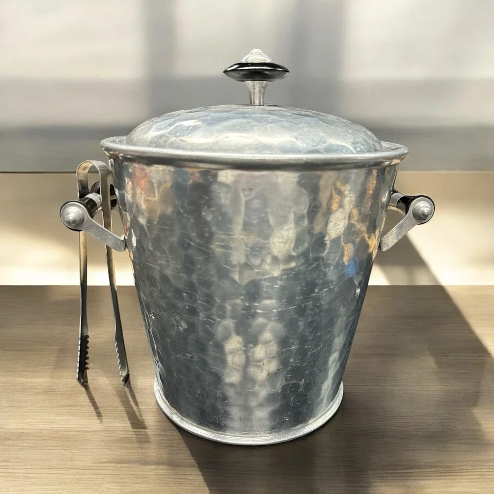 Vintage Mid Century MMM SA Brand‎ Hammered Aluminum Ice Bucket W/Tongs Spain